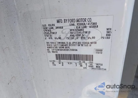 2005 Ford F-250 Lariat/Xl/Xlt z USA, uszkodzony, nr VIN 1FTSW205X5EC55036